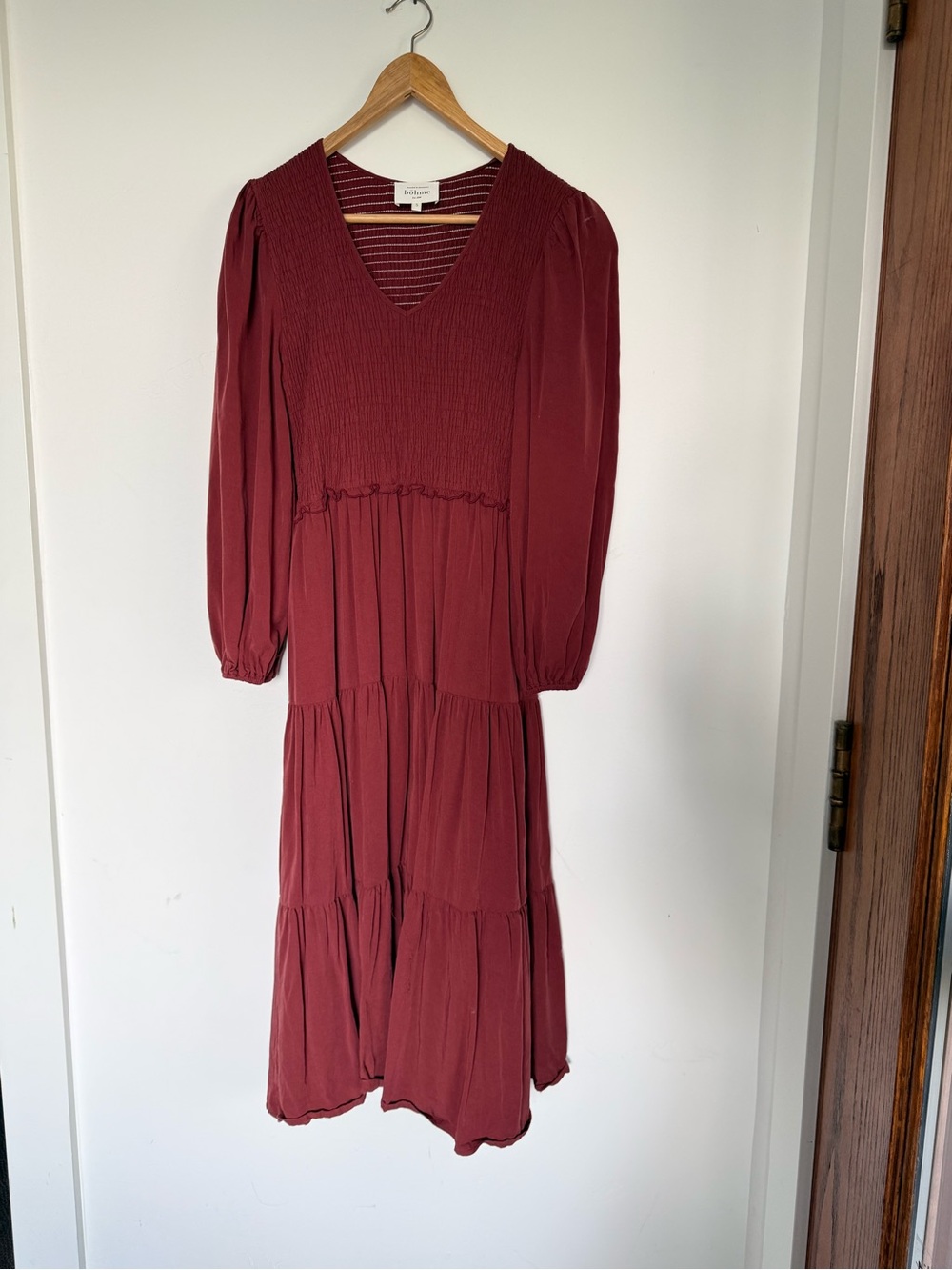 bohme Deep Burgundy V-Neck Smocked Tiered Midi Dress